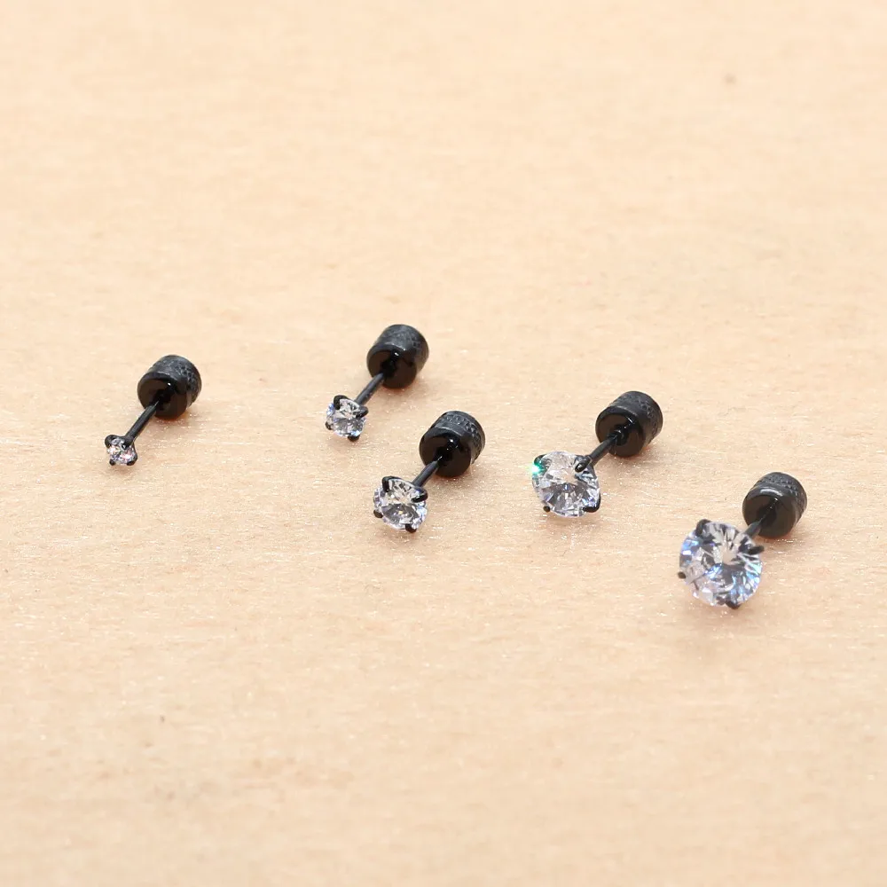 316L Stainless Steel Black Plating Screw Earrings With AAA Round Clean Zircon Earring No Fade Allergy Free Quality Jewelry