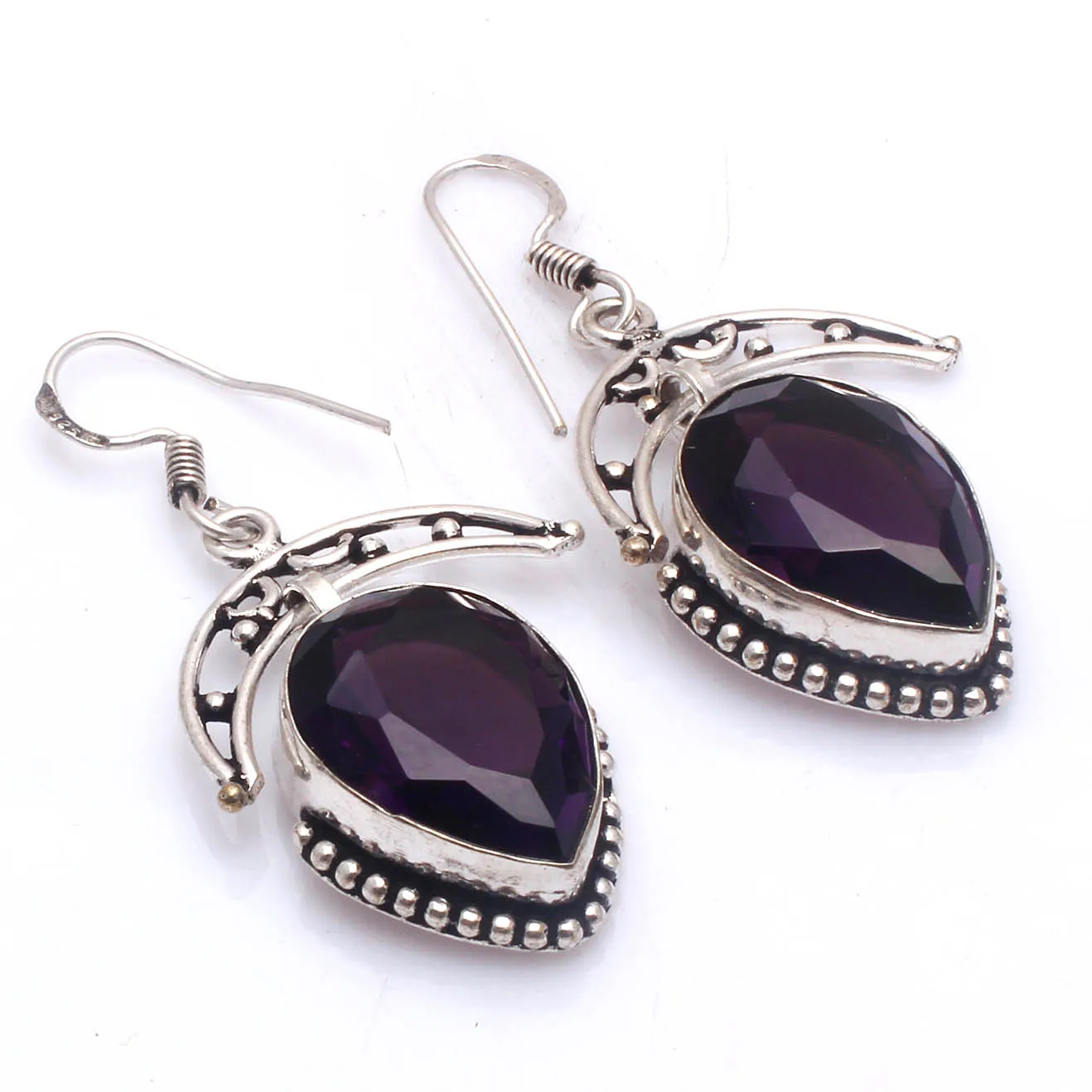 

Genuine Amethyst Silver Overlay on Copper Earrings ,Hand made Women Jewelry Gift , 50 mm, E5757