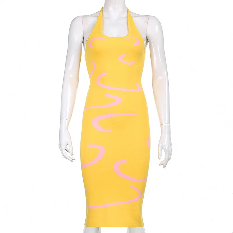 

ALLNeon 2000s Vintage Halter Knitted Yellow Mini Dresses Y2K Summer Fashion Backless Lace up A-line Bodycon Dress 2021 Beach