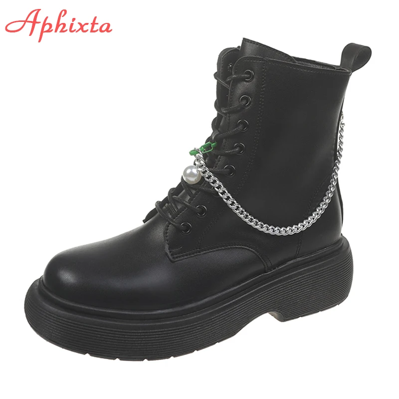 

Aphixta 2021 Chain Ankle Boots Women 4.5cm Square Heel Platform Waterproof White Black Shoes Back Zippers Lace-up Lady Footwear