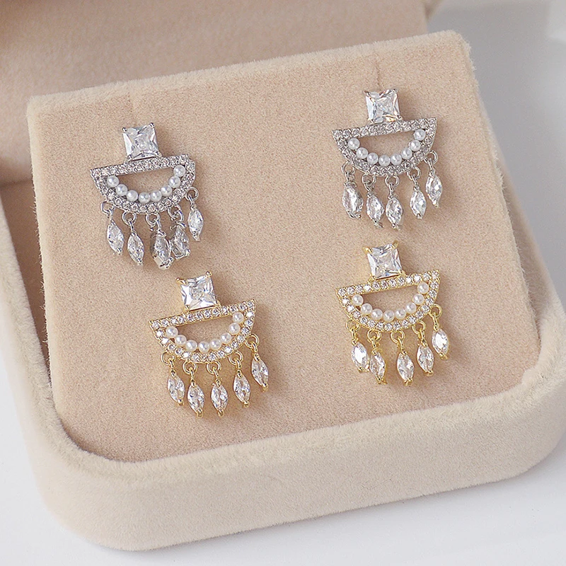 

Delicate Jewelry 14K Real Gold Geometric Zircon Tassel Stud Earrings for Women S925 Silver Needle Pearl Earrings