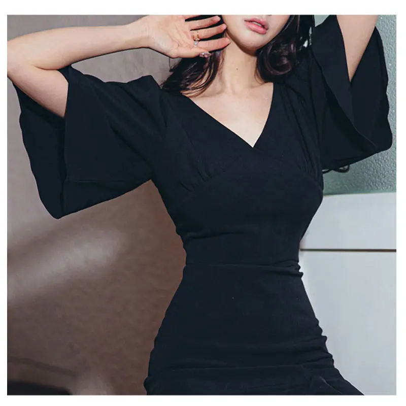 

Elegant V-Neck Mermaid Dress Women Summer Black Sheath Office Wear Dresses 2021 New Occupation Work Bodycon Vestidos Autumn