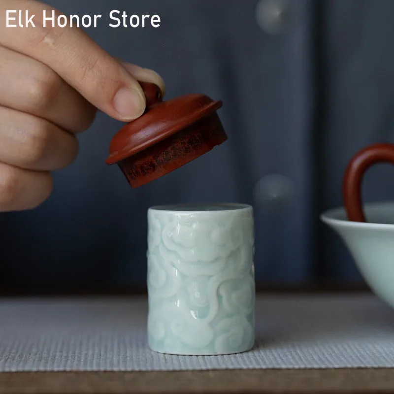 Imitation Song Hutian Kiln Shadow Celadon Glaze Relief Carving Auspicious Cloud Teapot Cover Holder Stand Ceramic Tea Ceremony