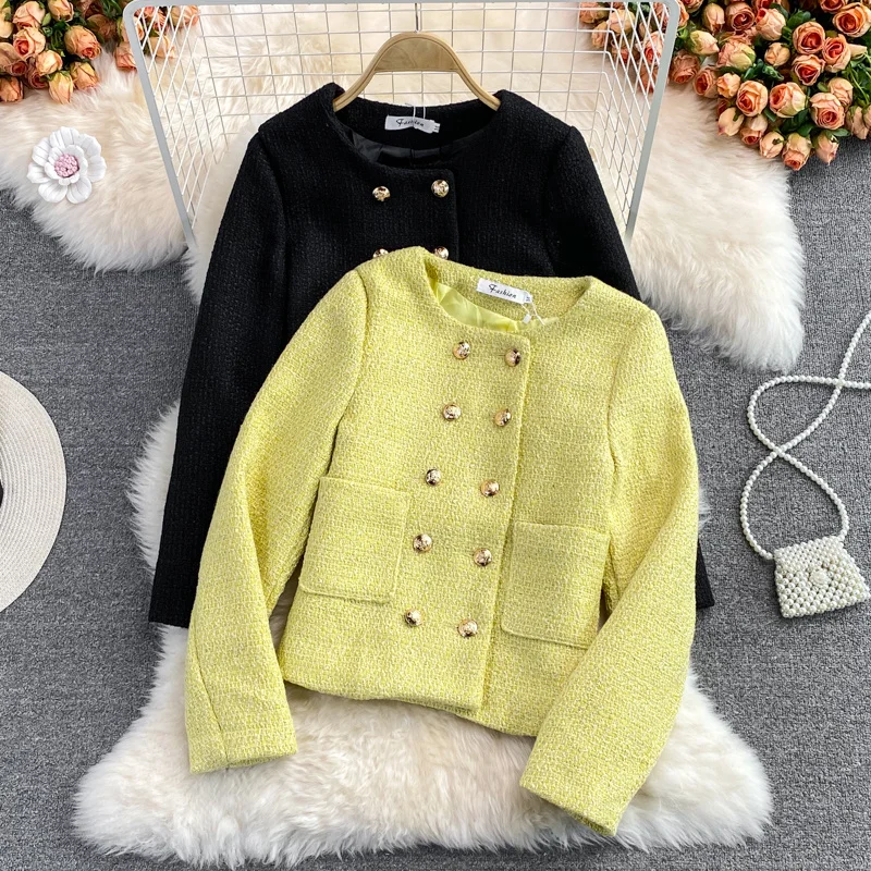 

Small Fragrance Tweed Short Coat Women High Quality Fall Winter Korean Casual Jacket Coats Elegant Streetwear Outwear Crop Top