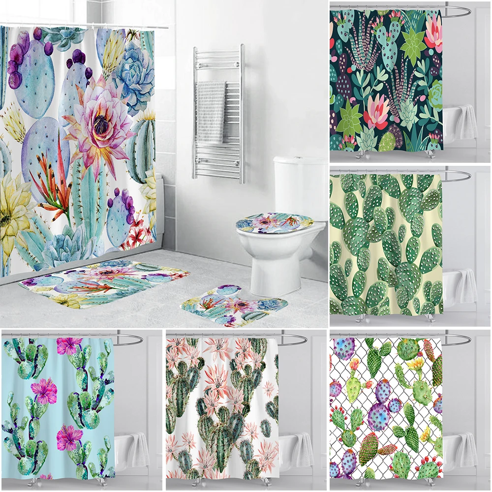 

Digital Printing Cactus Flower Shower Curtain Waterproof Bathroom Curtain Set with Hooks Home Decoration Cortina De Ducha Cactus