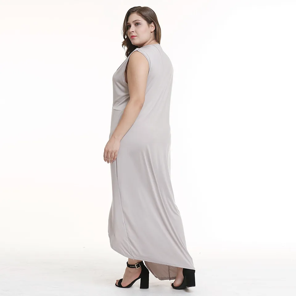 Женское платье макси с V-образным вырезом светло-серое свободное большого