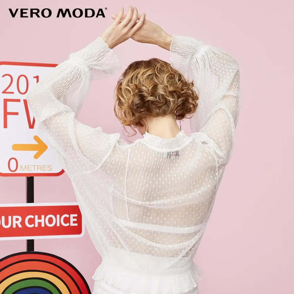 Vero Moda Женская свободная облегающая кружевная шифоновая рубашка в горошек с расклешенными рукавами | 319302509