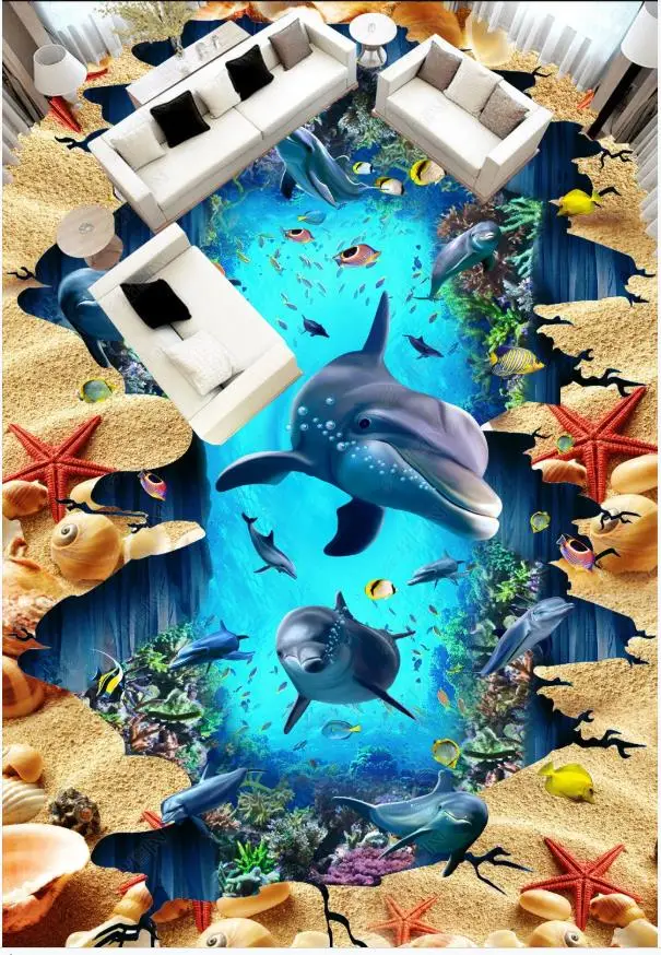 

Custom Self-adhesive waterproof Flooring wallpaper Wall Sticker Underwater deep hole dolphin 3D floor painting living room floor