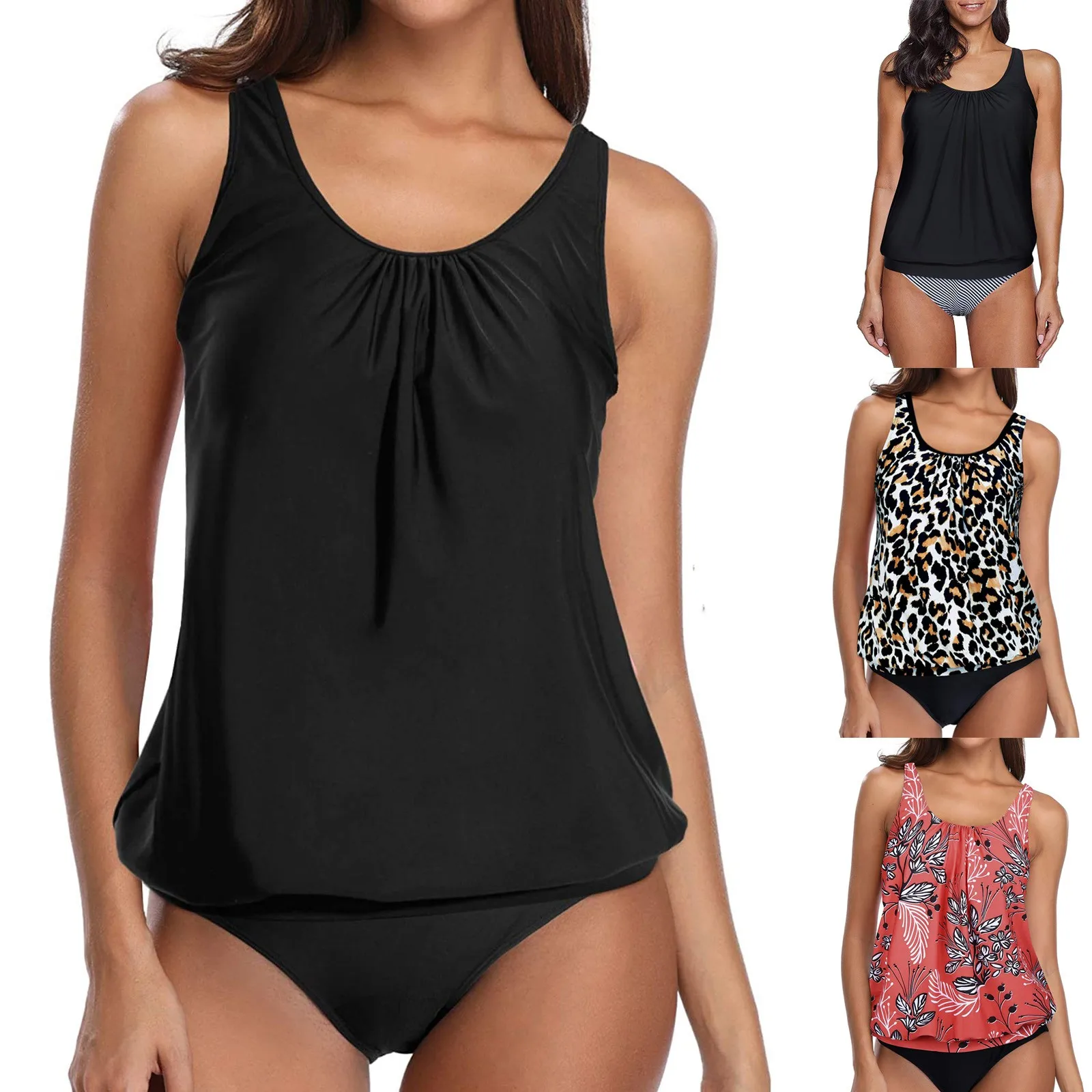 

Swimsuits Plus Tankini Print Two Set Size Piece Swimdress Back Women Strappy Swimwears Tankinis Set