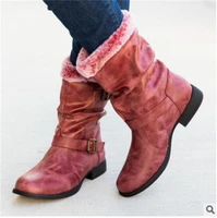 womens boots ladies shoes mid calf high boots winter buckle strap female chunky heels woman slip on retro boot