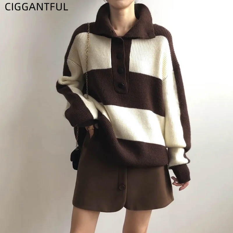

Полосатый контрастный свитер для женщин, Осень-зима 2021, джемпер, новинка, Ретро стиль, свободный, без застежки, с отворотом, вязаный Топ, модн...