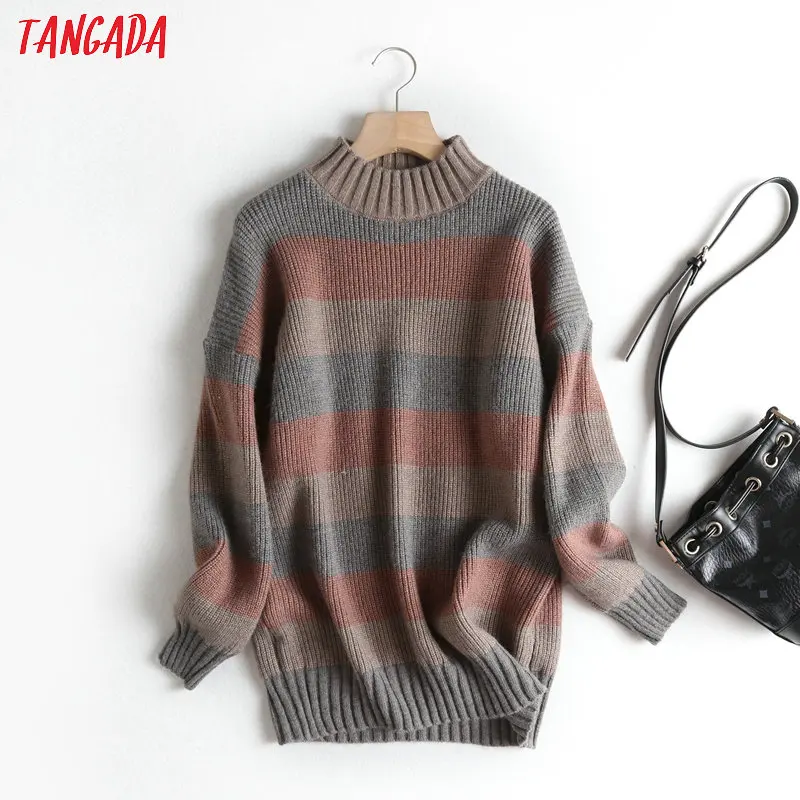 Tangada women stripe pattern oversize long jumper sweater atumn winter fashion long sleeve o neck pullovers tops BC58