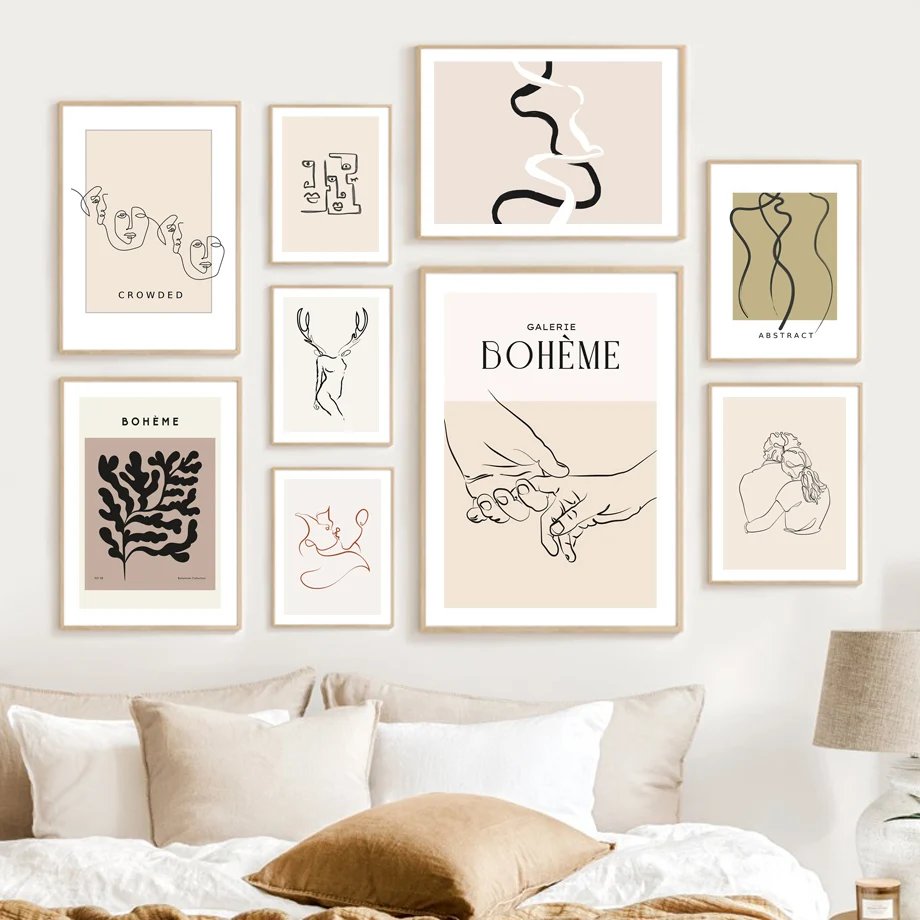 

Bohemia Abstract Body Line Hold Hands Kiss Face Wall Art Print Canvas Painting Modern Nordic Poster Decor Picture For Bedroom