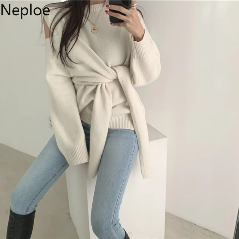 Neploe Pull Femme, длинный рукав, сексуальный пуловер без бретелек, свитер на шнуровке, вязаный джемпер, корейский стиль, Элегантные вязаные топы 56496