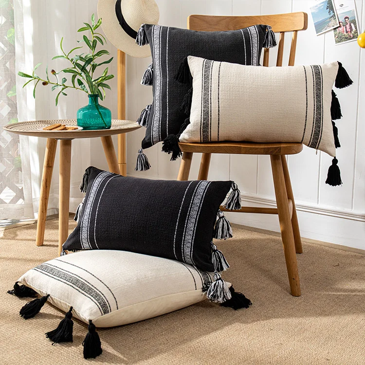 

Solid With Tassel Pillowcover Sofa Cotton Canvas Tufted Embroidery Throw Cushion Cover Living Room Decoration Pillowcase 40725