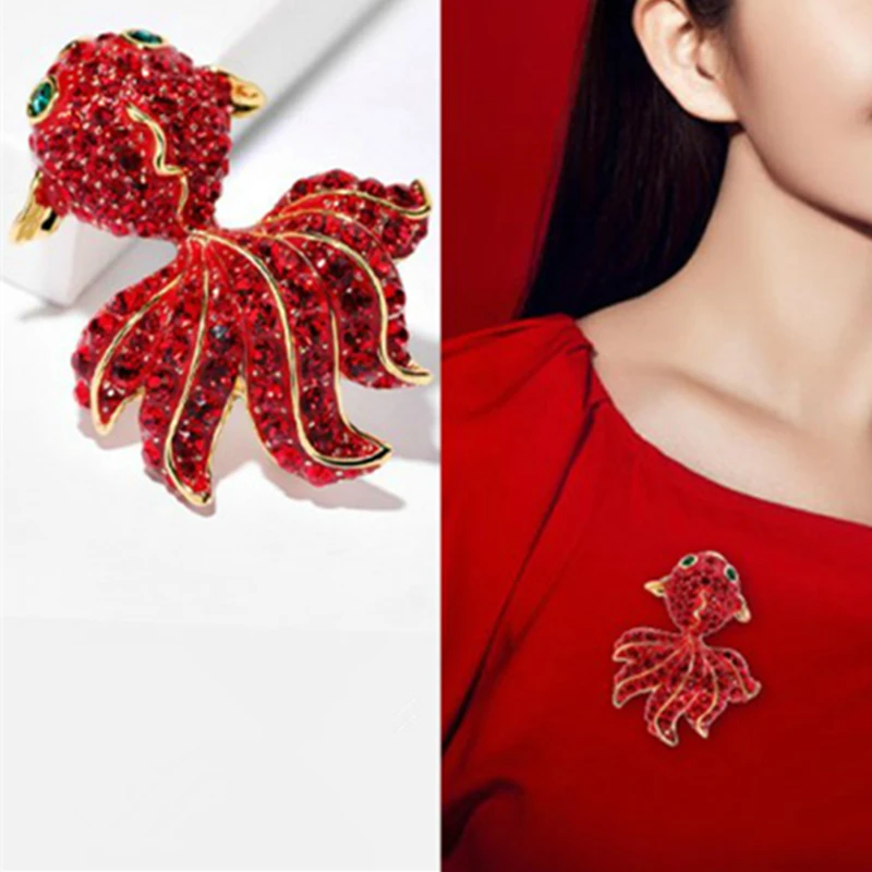 Броши рыба кристально-красная брошь Золотая рыбка для женщин с милыми животными
