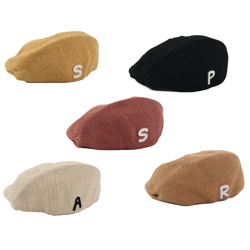 

Women Autumn Knitted Breathable Beret Cap with Visor Letter Alphabet Patch Warm Vintage Newsboy Painter Duckbill Peaked Hat