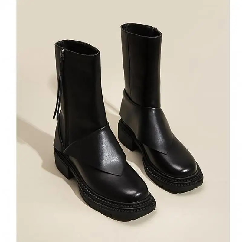 

Женские короткие ботинки до середины икры, Зимние ботильоны из натуральной кожи с боковой молнией, Черные ботильоны на толстой подошве и пл...