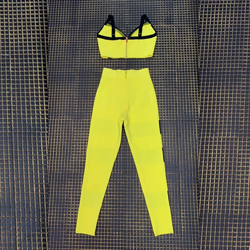 

Yellow Black Sexy Spaghetti Strap Backless Bodycon V Neck Short Tops&Fashion Striped High Waist Pants Women Bandage Suits 2019