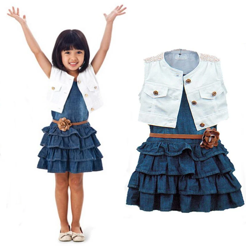 

Summer Kids Costume Child Clothing Sets for Girl Fashion Outfits 3 Pcs Denim Dress and Top and Waistband Girls Clothes Set 1-5 Y