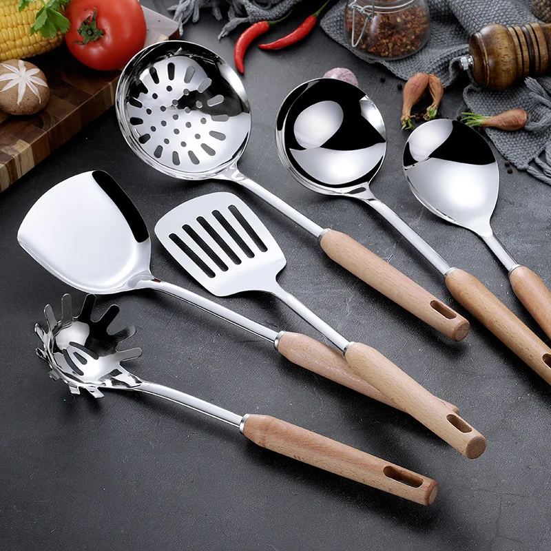 

6 Pcs Stainless Steel Kitchen Utensil Wood Handle Cooking Tools Set Turner Ladle Spoon for Restaurant Kitchenware Set