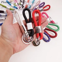 50pcs braided leather rope keychain double ring metal pu leather universal key wholesale custom free shipping