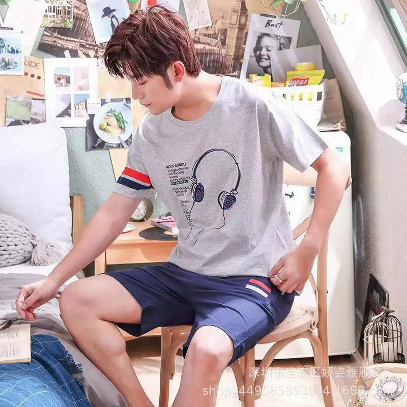 

2019 homewear clothes short sleeve breathable cotton sleepwear mens pyjama set 2pcs