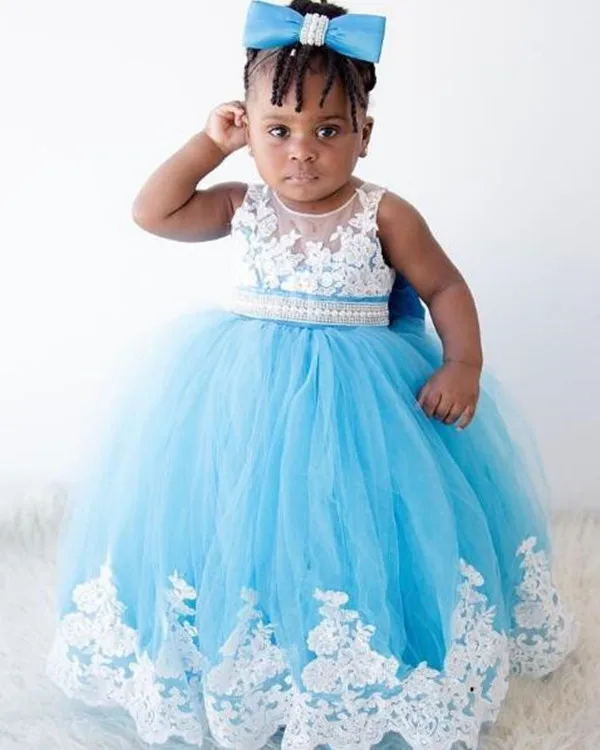 New Long Sheer Neck Turquoise Toddler Girls Birthday Party Cloth with Crystals Belt Bow Back Custom Made Flower Girl Dress