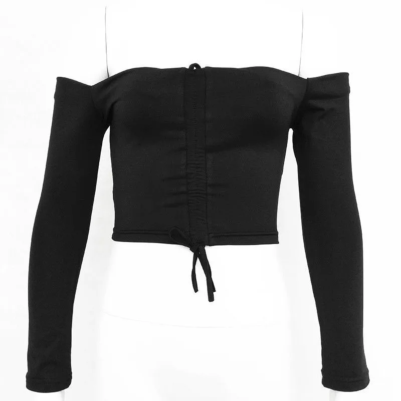 Сексуальная футболка с открытыми плечами женские кроп-топы Осенние облегающие