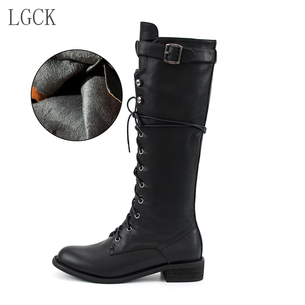 black Leather fur Большие размеры 34-43; модные зимние сапоги до колена на молнии с пряжкой и шнуровкой; женские модные высокие сапоги в стиле панк из лакированной кожи для верховой езды - Цвет: black Leather fur