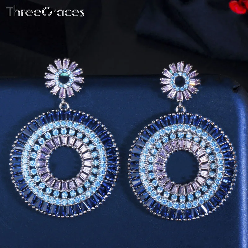 

ThreeGraces Trendy Blue Purple Cubic Zirconia Black Gold Big Dangle Circle Round Drop Earrings Women Fashion Jewelry Gift ER503