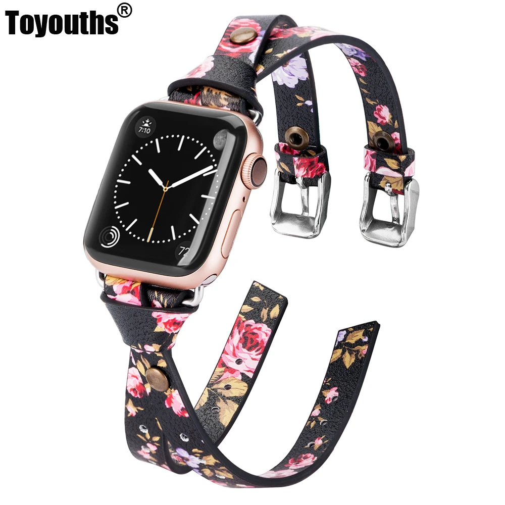Toyouths Double Leather Band for Apple Watch Series 5 4 3 2 1 Strap for iWatch 2020 Chic Women Men Leather 38mm/40mm /42mm/44mm