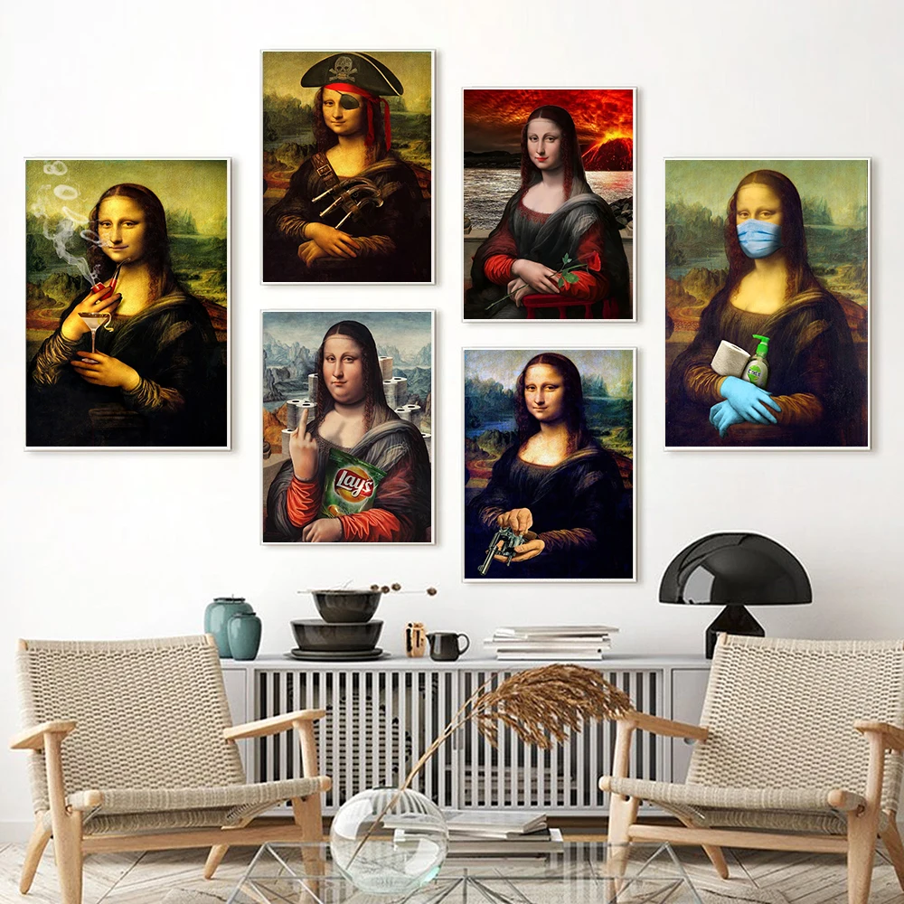 

Funny Art Mona Lisa Posters and Prints Famous Artist Abstract Canvas Paintings Retro Modern Living Room Bar Hotel Decor Pictures