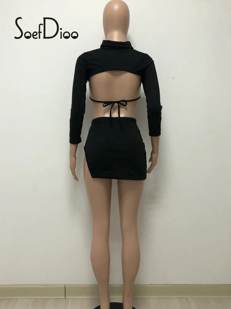 

Soefdioo Solid Full Sleeve Backless Crop Top+Split Mini Skirt 2 Piece Sets Women Sexy Fitness Tracksuits Summer 2021 Streetwear