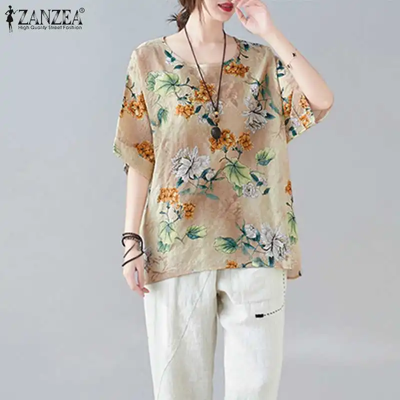 

Womens Summer Tops Tunic ZANZEA Vintage Floral Print Blusa 2021 Fashion Loose Blouse Female O Neck Irregular Pullover