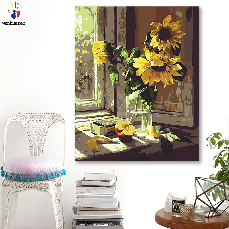 DIY картинки для раскраски по номерам с цветами подоконник Подсолнух натюрморт