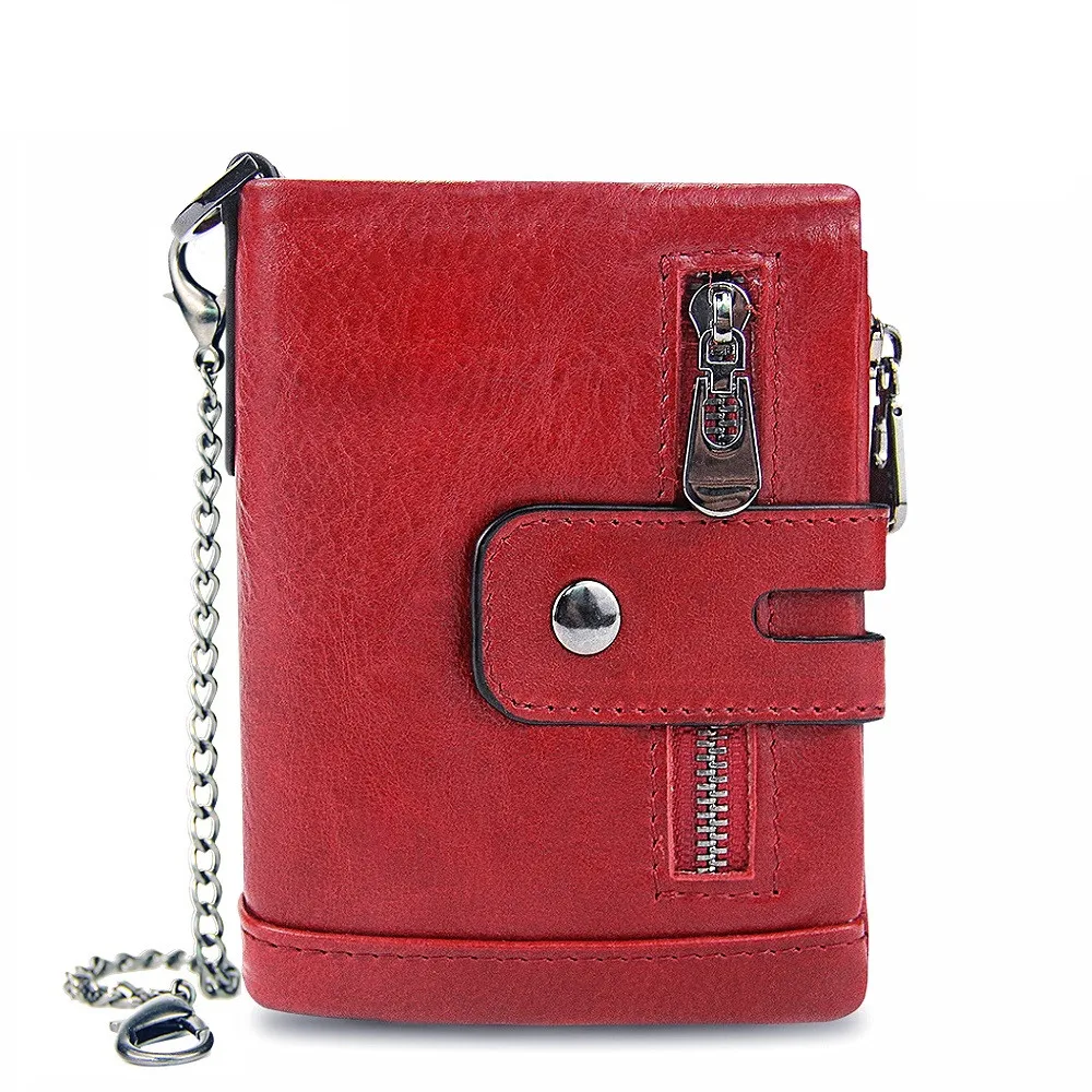 Red With Chain Модный женский кошелек из натуральной кожи, женские кошельки на застежке с двойной молнией, дизайнерский Кошелек для монет, ID держатель для карт, тонкий кошелек унисекс - Цвет: Red With Chain