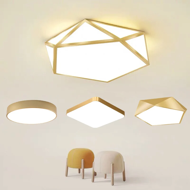 Светодиодные потолочные лампы для гостиной и спальни, современное освещение, золотистые круглые и квадратные геометрические светильники, на поверхности.