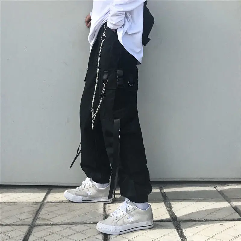 

Men's Side Pockets Cargo Harem Pants Nice Ribbons Black Hip Hop Casual Male Joggers Trousers Fashion Casual Streetwear Pants