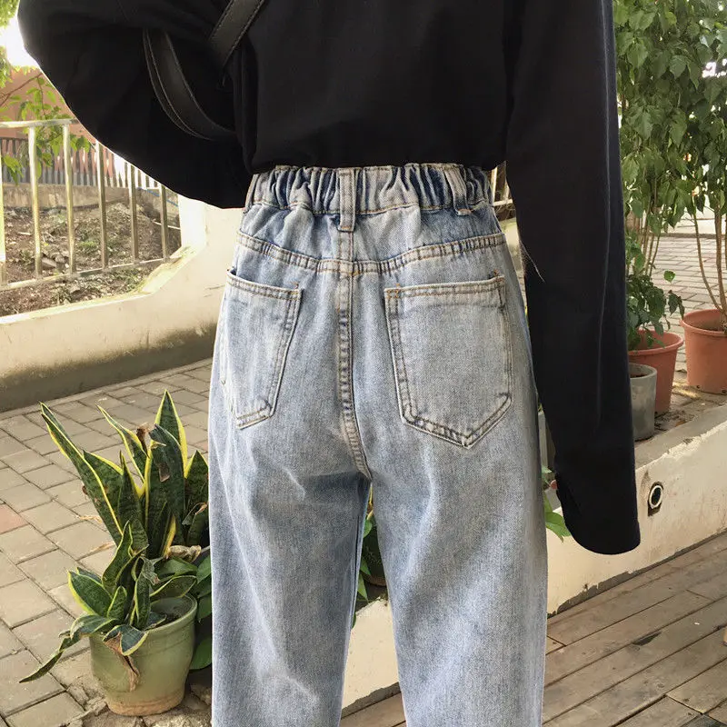 

Jeans Women Spring Ulzzang Elastic High Waist Trousers Simple Straight Loose Womens Ankle-length Harem Pants Chic Trendy Elegant