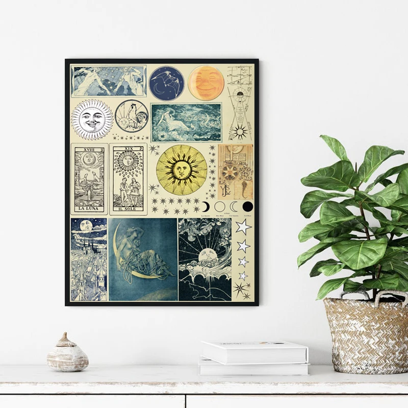 

Sun Moon and Stars Abstract Vintage Poster Astrology Illustrations Prints Retro Wall Art Picture Canvas Painting Astrologer Gift