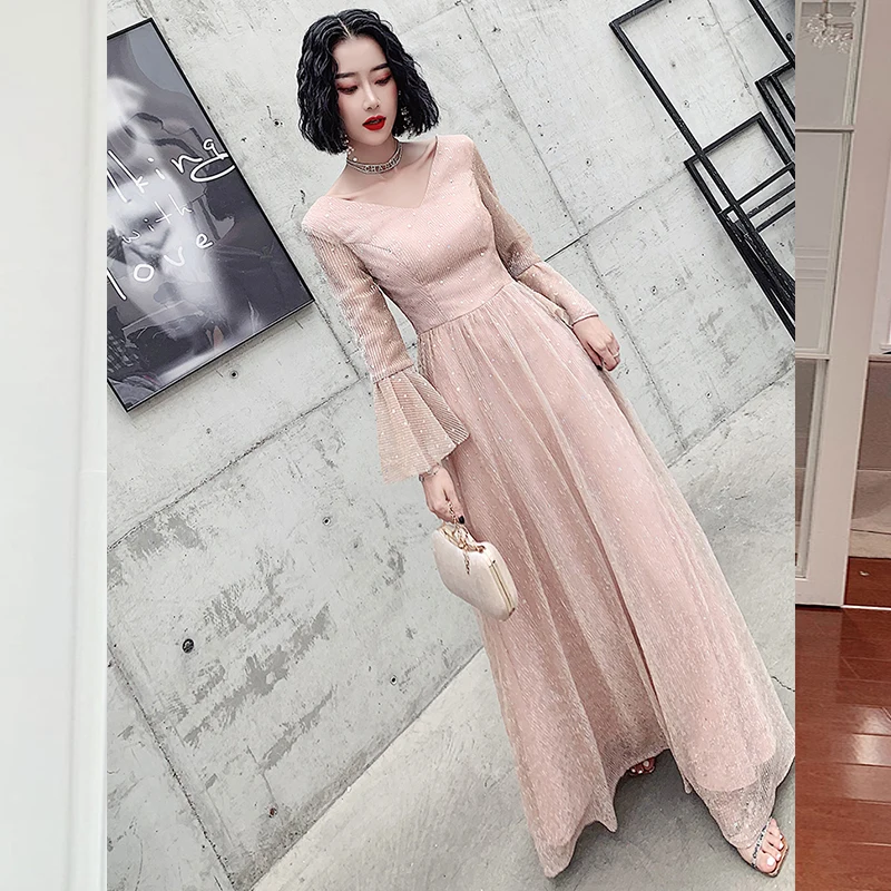 2020 Sexy V Neck Long Prom Dresses Sparkly Pink Tulle Sweet Party Dress Formal Dance Zipper Back | Свадьбы и торжества