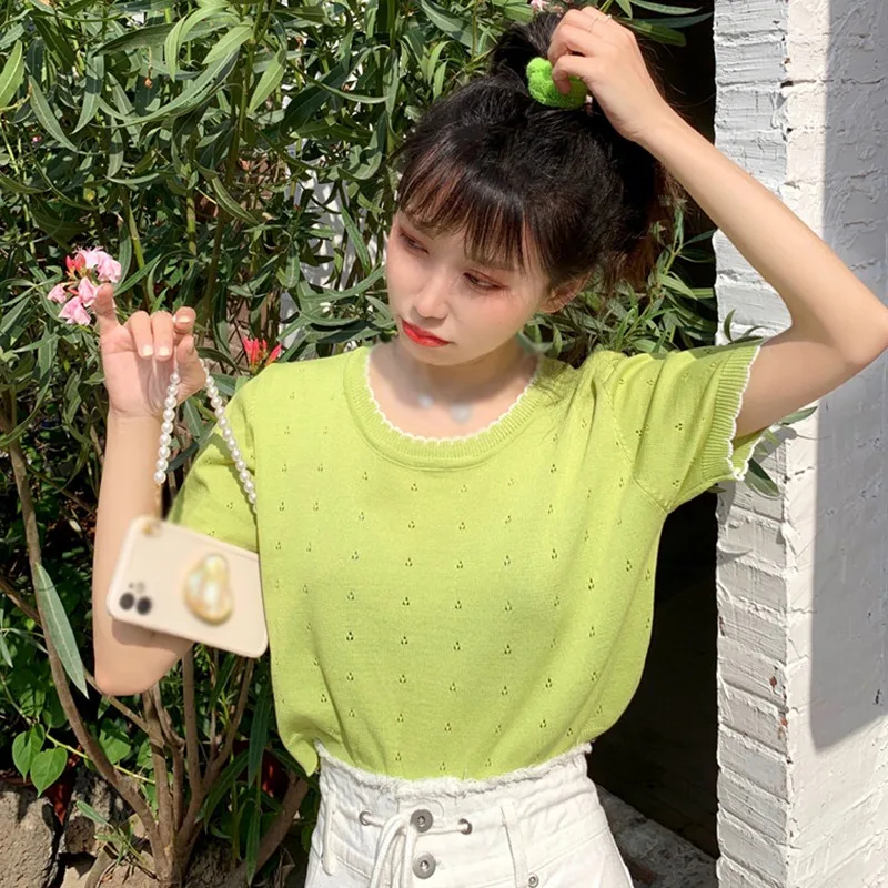 

Jlong Women Short Slim-fit Outer Short-sleeved Round-neck Sexy Hollow Knit Summer Top
