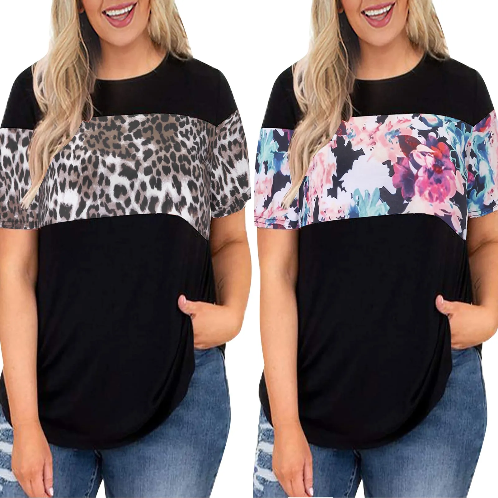 

Fashion Patchwork BlousesWomen Leopard Print Round Neck Tops Short Sleeve Loose Colorblock Shirts Blusas Mujer De Moda 2021 New