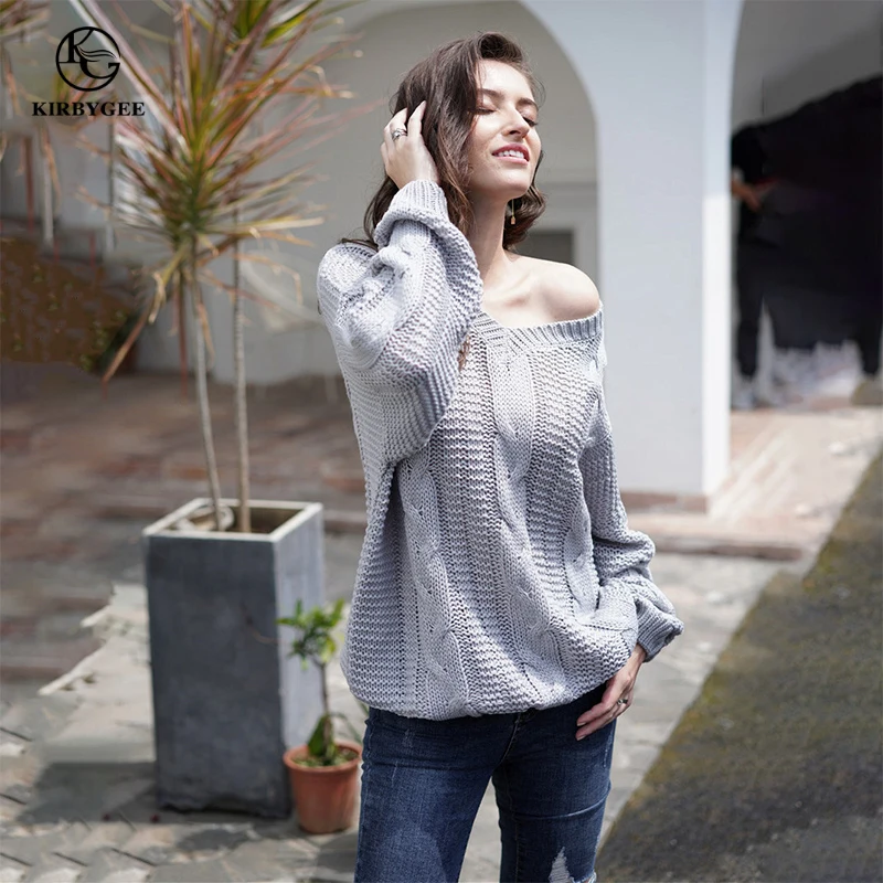 KirbyGee Sexy Deep V Neck Off Shoulder Knitted Yellow Twisted Sweater Woman Plus Size Loose Long Sleeve Pullover Jumpers | Женская