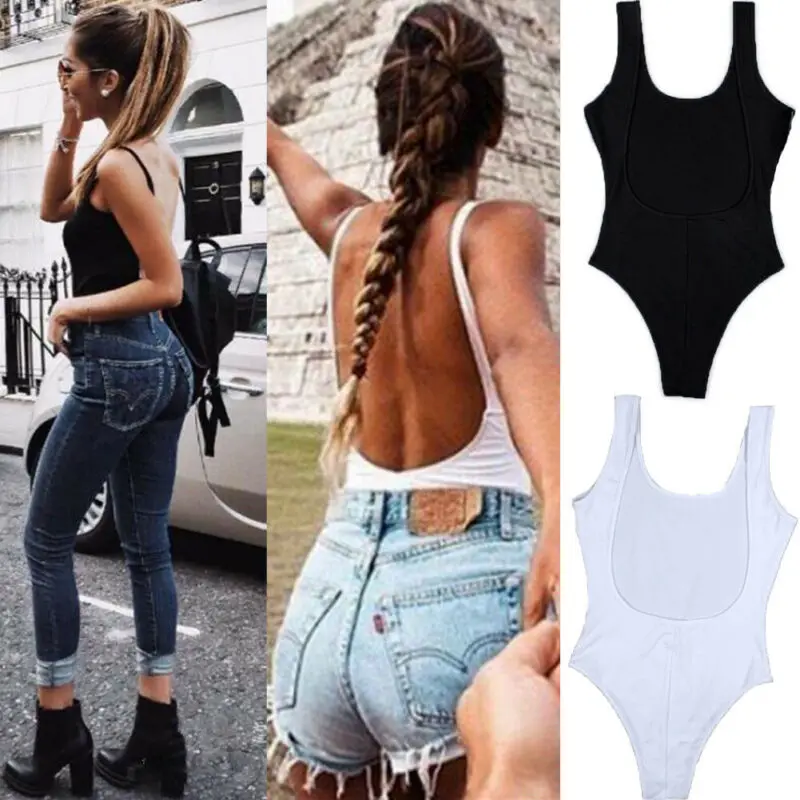 Женское боди без рукавов однотонное облегающее пляжное с открытой спиной