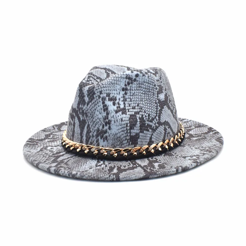 New Wool Fedoras Hats Women Autumn Winter Snake Print Chain Wide Brim Panama Jazz Caps Vintage Cowboy Hat Men F113