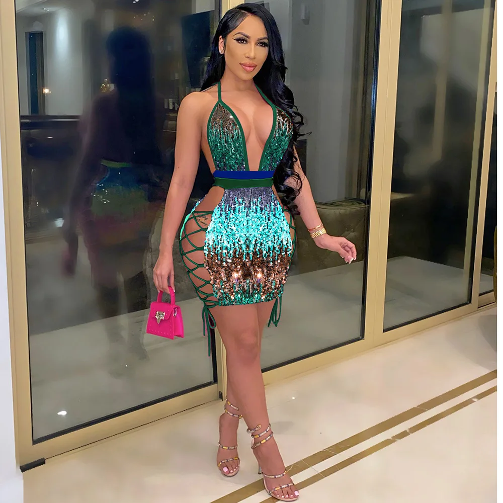 

Women Sexy Sequin Birthday Dress Party Night Glitter Bodycon Mini Dress Summer Side Hollow Out Backless Night Club Dress