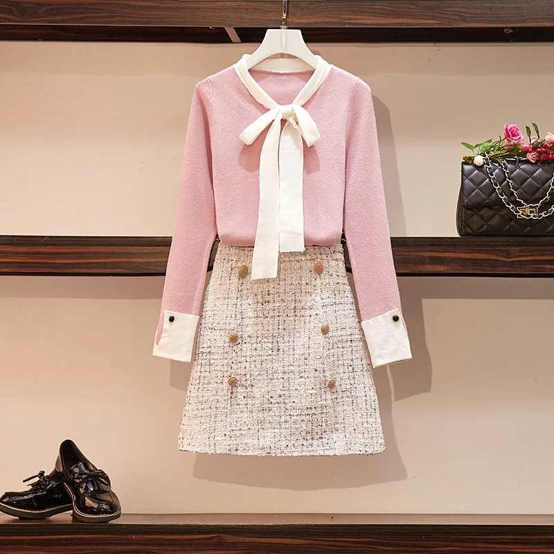 Милая девушка 2019 весна женский свитер юбка костюмы розовый бант хит цвет вязаный