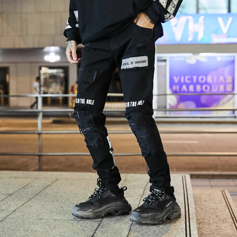 Мужские рваные джинсы на молнии с дырками прямые черные Vaqueros Hombre повседневные